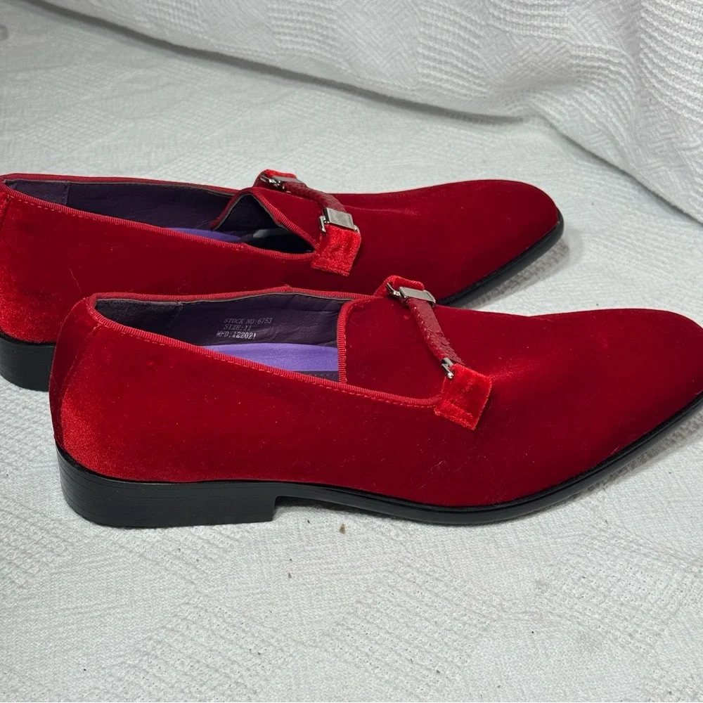 After Midnight‎ Mens Bright Red Velvet Dress Loafers w/ Braided Detail Size 11